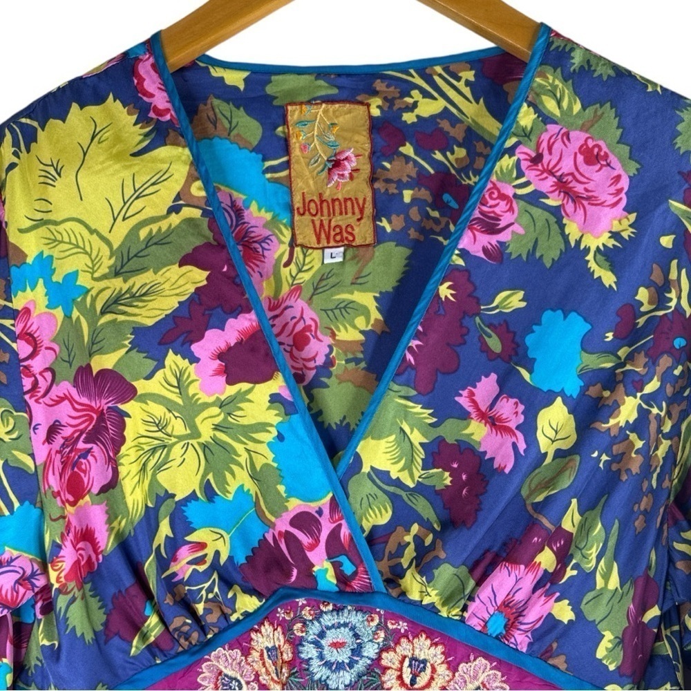 Johnny Was Embroidered Silk Tunic Dress Blue Pink Floral Size Large - Picture 4 of 13